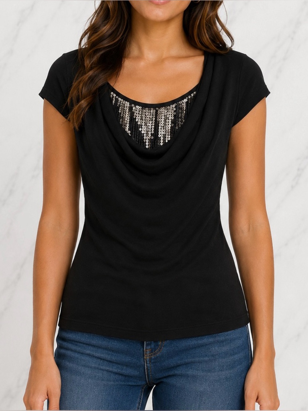 VENUS Draped Cowl Neck Sequin Accent Top Black Silver Evening Party | Small⁠